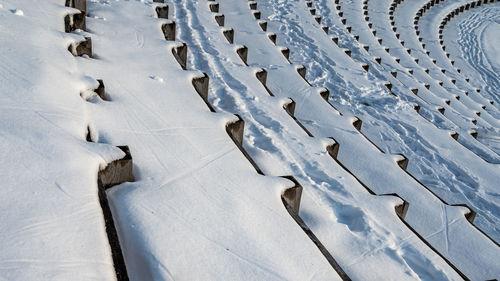 High angle view of snow covered land