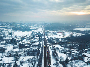 High angle view of city during winter