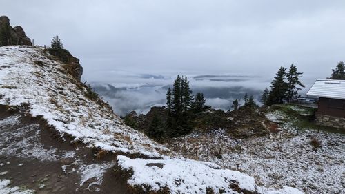 Scenic view of snow covered mountain against sky