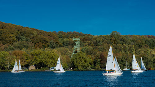 Sailboat sailing on sea against blue sky