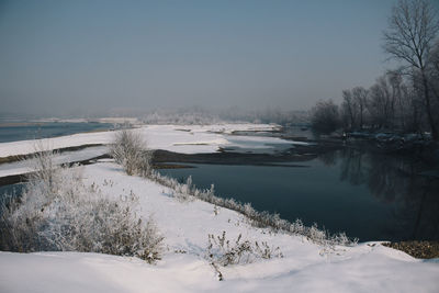 Scenic view of lake against sky during winter