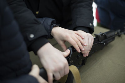 Shooting training. dismantling of training weapons. training of volunteers in russia. 