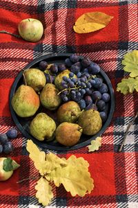 High angle view of fruits in bowl on table