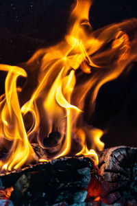 Close-up of fire burning at night