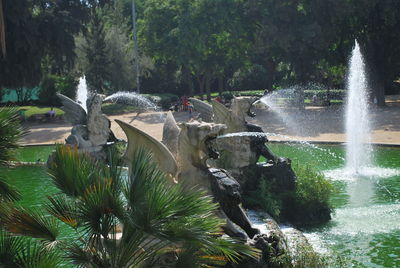 High angle view of fountain against trees