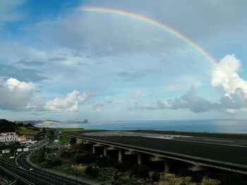 Panoramic view of rainbow over city against sky
