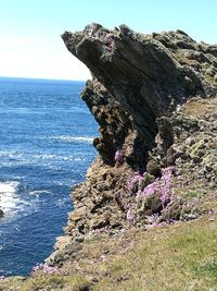 Rock formations by sea against clear sky