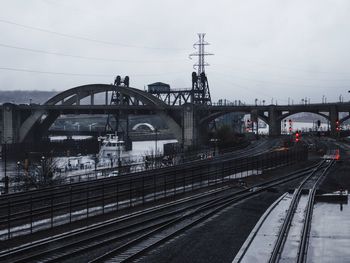 Railroad tracks by river against sky