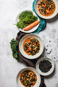 High angle view of salad in bowl on table