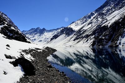 Scenic view of snowcapped mountains against clear sky