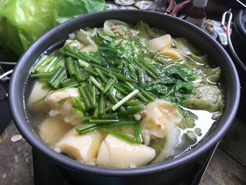 High angle close-up of food cooking in bowl