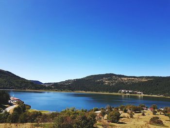 Scenic view of lake against clear blue sky