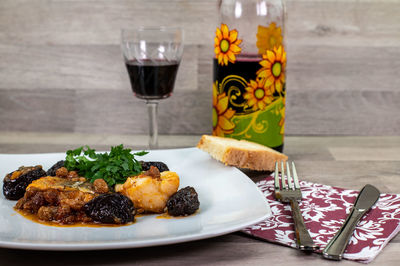 Close-up of food served on table