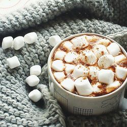 High angle view of marshmallows in coffee cup by sweater