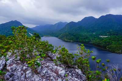 Scenic view of lake and mountains against sky