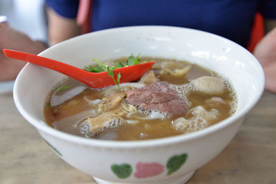 Close-up of soup in bowl on table