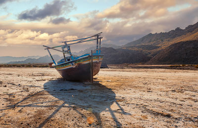 Dhow fishing boat on dryland. mubarak village karachi