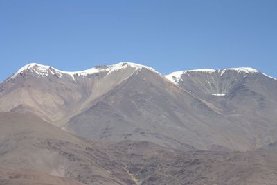 Scenic view of snowcapped mountains against clear blue sky