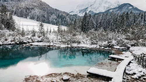 Scenic view of frozen lake against snowcapped mountains