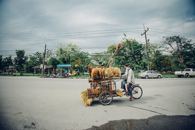 Rear view of man riding bicycle on road