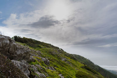 Scenic view of mountain by sea against sky