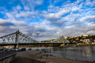 Bridge over river with buildings in background