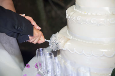 Cropped image of bride and groom cutting wedding cake