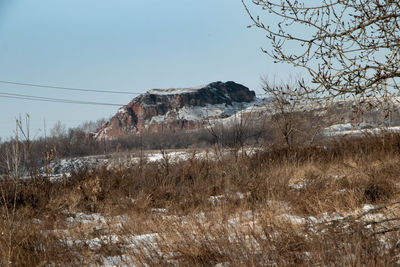 Scenic view of snowy field against clear sky