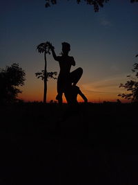 Silhouette people standing on field against sky during sunset