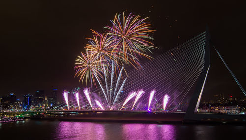 Firework exploding over erasmus bridge at night