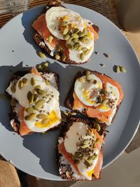 High angle view of breakfast served on table