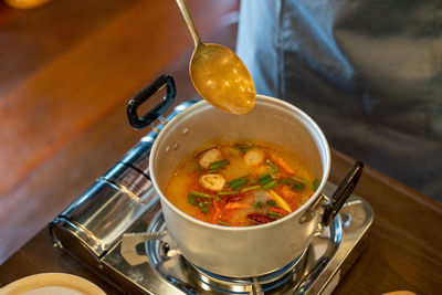 High angle view of soup in bowl on table