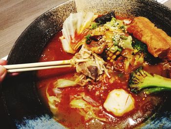 Close-up of soup served in plate