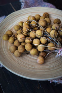 High angle view of eggs in plate on table