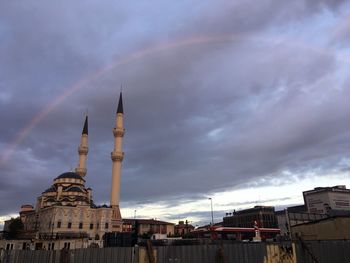 View of rainbow over buildings in city