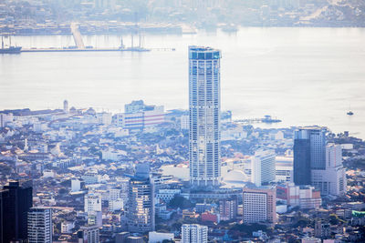 High angle view of buildings in city against sky