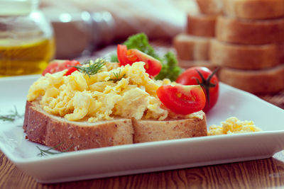 Close-up of breakfast served on table