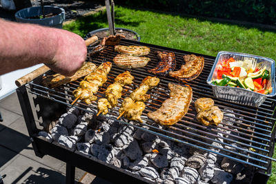 Different types of meat fried on the home grill, standing on a home garden on the paving stone.