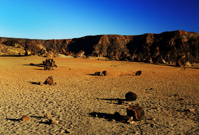 Rocks at el teide national park against clear blue sky