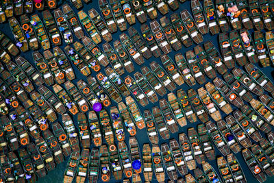 High angle view of multi colored umbrellas on street