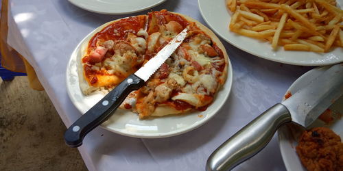High angle view of food in plate on table