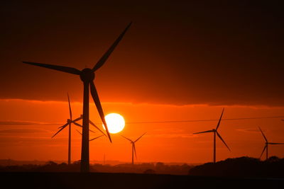 Silhouette wind turbines on land against sky during sunset