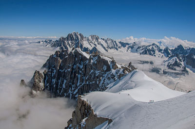 Snowy peaks and mountaineers in a sunny day at the aiguille du midi, near chamonix, france.