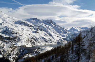 Scenic view of snow covered mountains against sky