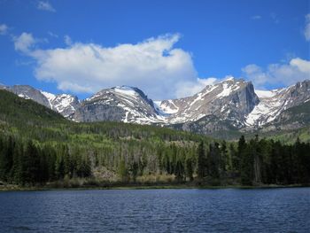 Scenic view of lake by mountains against sky