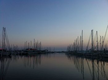 Sailboats in marina at sunset