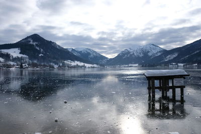 Scenic view of lake by snowcapped mountains against sky