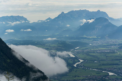 Aerial view of landscape and mountains against sky