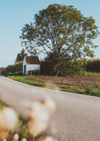 Road by trees and house against sky