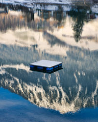 High angle view of boats moored in lake